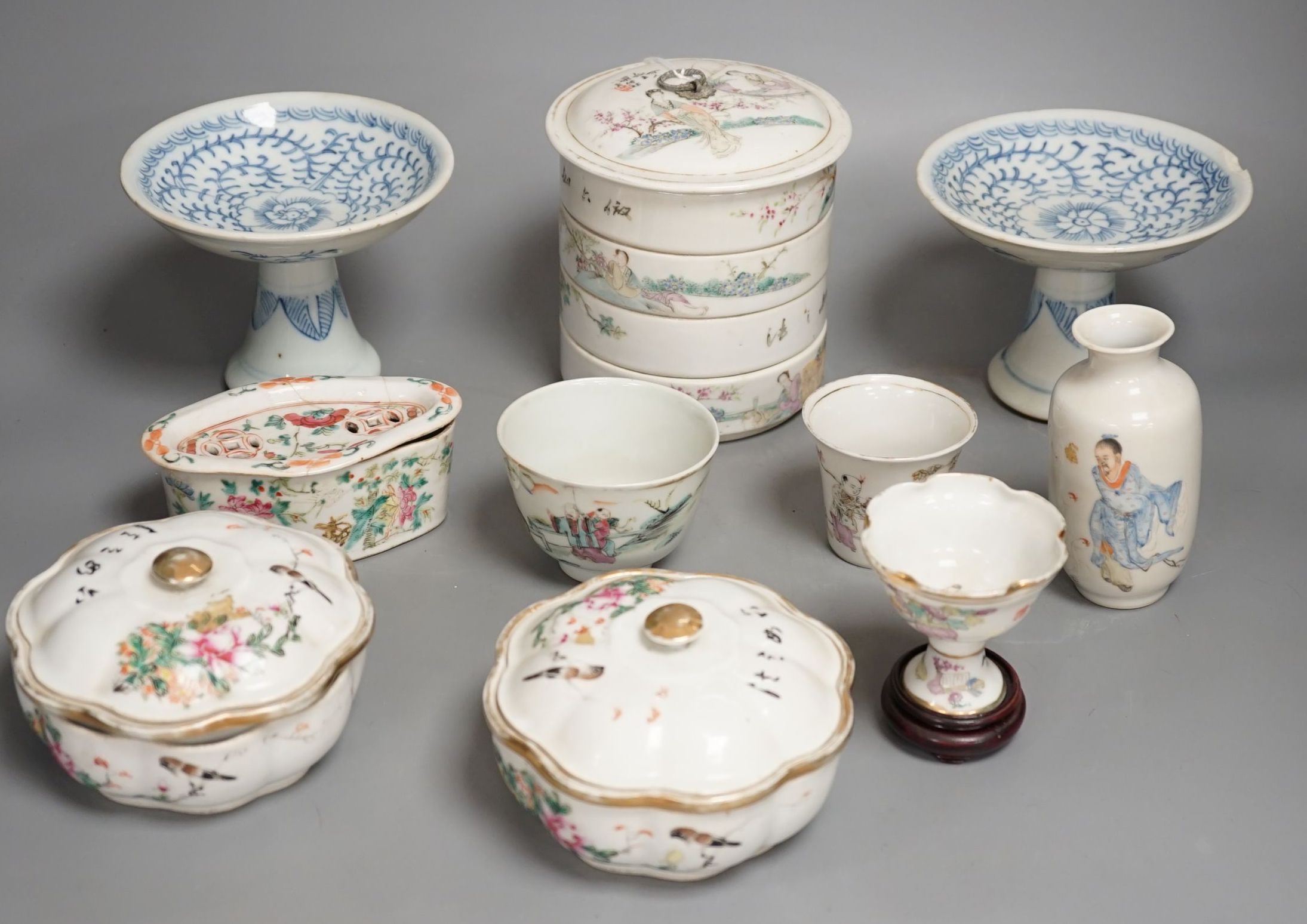 A mixed group of 19th/early 20th century Chinese porcelain vessels, stem dishes etc.